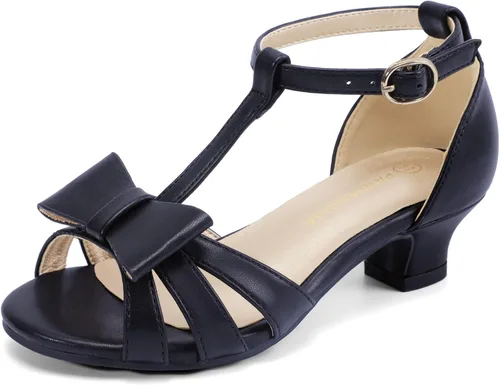 PANDANINJIA Lilly Zapatos de vestir para niñas con tacón y correa en T, puntera abierta, lazo para niños pequeños y grandes, zapatos para niñas de