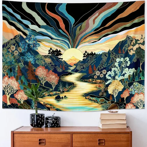 Miniatura 5 de Dermijer Tapiz con luz negra, bosque y montaña, tapiz solar reactivo a los rayos UV, tapices de paisaje retro con luz negra, acuarela, árboles, arte