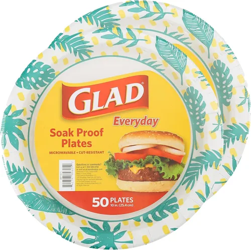 Glad Platos redondos de papel desechables, patrón de hojas de palma, a prueba de remojo, resistentes a cortes, aptos para microondas para comidas