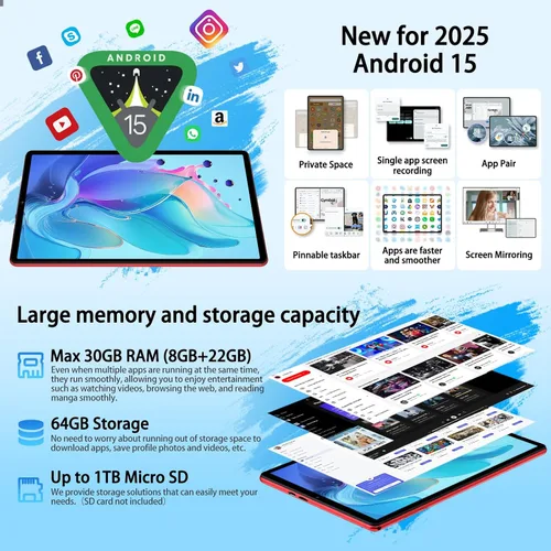 Miniatura 3 de Tableta Android 15 2025 con Teclado, Tabletas de 10.1 Pulgadas Pantalla FHD 30GB RAM 64GB ROM Expansión 1TB, Octa-Core 2.0GHz, Widevine L1, Batería