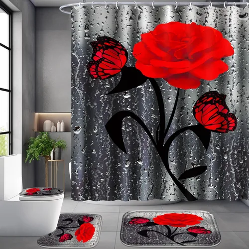 Miniatura 10 de Poedist Juego de 4 cortinas de ducha de baño, juego de cortina de baño con rosas azules, juegos de cortinas de ducha con alfombras