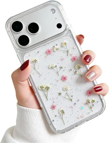 Miniatura 8 de Funda floral para iPhone 17 con flores reales prensadas, bonito diseño de flores secas prensadas transparentes con purpurina para mujer, suave TPU