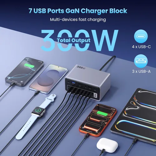 Miniatura 4 de Estación de acoplamiento USB 20 en 1, estación de carga de 300 W, concentrador USB-C de triple pantalla con HDMI 2x4K, DP, VGA, Ethernet, 7 puertos