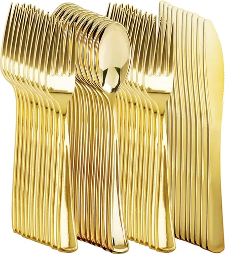 Miniatura 11 de NOCCUR Juego de cubiertos de plástico dorado de 180 piezas, cubiertos desechables de plástico dorado, incluye 60 tenedores, 60 cucharas, 60