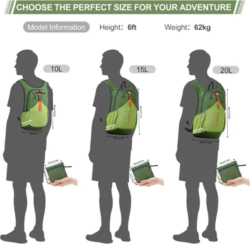 Miniatura 6 de FIORETTO Mochila de senderismo de 15L para mujeres y hombres, mochila mini plegable, mochila ligera pequeña para acampar, viajar al aire libre, Verde