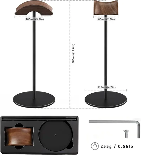 Miniatura 5 de Soporte para auriculares, soporte de auriculares de madera de nogal y aluminio, soporte para auriculares de juegos de nogal natural con base sólida