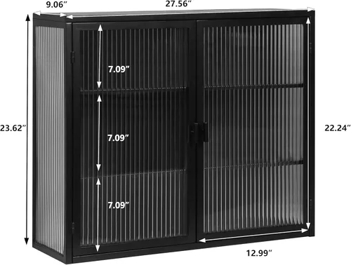 Miniatura 2 de Armario de pared de doble puerta de vidrio brumoso estilo retro con estantes desmontables para oficina, comedor, sala de estar, cocina y baño negro