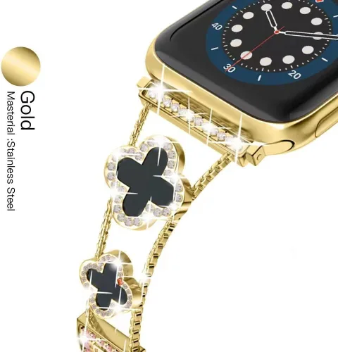 Miniatura 3 de Musk-MSKR Correas de metal con diamantes añaden brillo a tu reloj para Apple Watch Series 11/10/9/8/7/6/5/4/3/2/SE/Ultra Trébol Simple y elegante