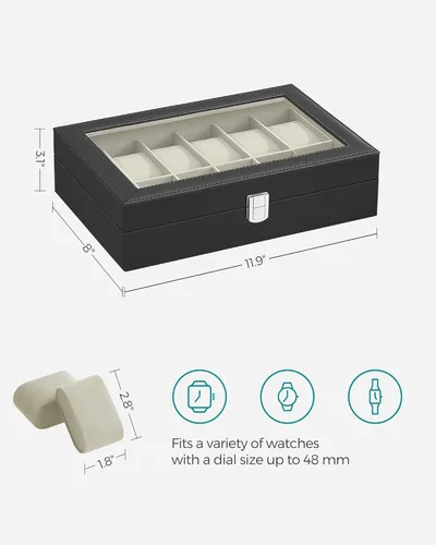 Miniatura 6 de SONGMICS Watch Box, 12-Slot Watch Case with Large Glass Lid, Removable Watch Pillows, Watch Box Organizer, Gift for Loved Ones, Black Synthetic