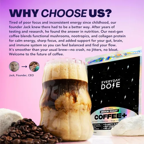 Miniatura 6 de Everyday Dose Bold - Café de hongos de tostado medio, 90 mg de cafeína por porción con colágeno de ganado alimentado con pasto, chaga, Melena