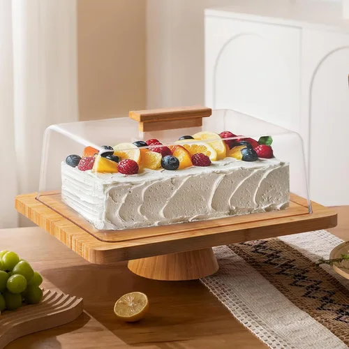 Miniatura 5 de HBlife Soporte para pasteles con tapa (16.5 pulgadas), soporte multifuncional para pasteles con cúpula acrílica, soporte rectangular de bambú 2 en 1