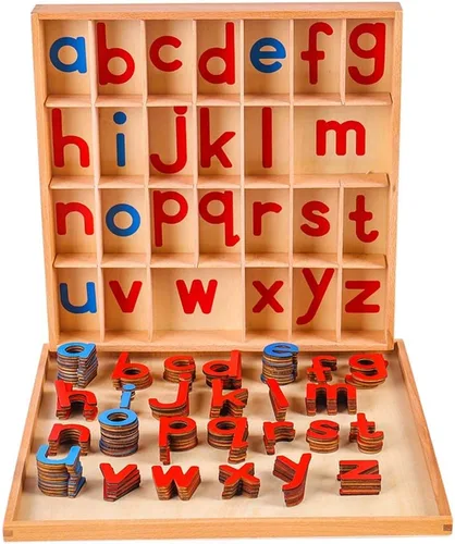 Miniatura 2 de Kghios Montessori - Alfabeto móvil pequeño de madera con caja y tapete grande, materiales de aprendizaje de ortografía preescolar (rojo y azul)