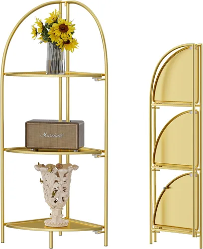 Miniatura 24 de Crofy Estante esquinero plegable de 3 niveles, soporte de esquina de metal para plantas con marco negro y estantes negros, estante de exhibición