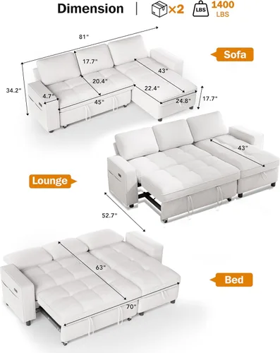 Miniatura 3 de Vipbear Sofá Seccional Cama de 81" con Cama Extraíble, Sofá Cama en Forma de L, Sofá Extraíble con Respaldo Reclinable, Chaise de Almacenamiento