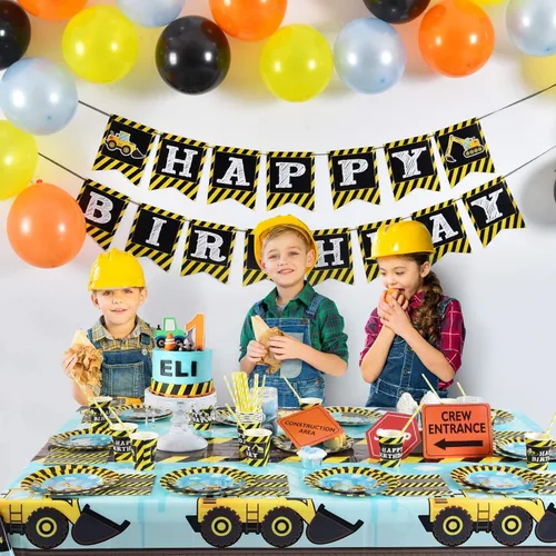 Miniatura 3 de WERNNSAI 1 mantel de construcción – Suministros de fiesta de cumpleaños de construcción, mantel de camión volquete de plástico, cubierta de mesa
