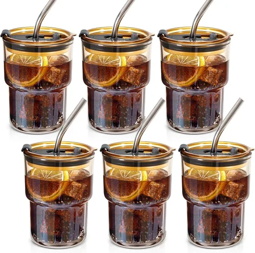 Miniatura 10 de Paquete de 2 vasos de vidrio con tapa y pajita de 13 onzas, lindo juego de tazas de café helado a granel, batido, jugo, matcha, té, capuchino, agua