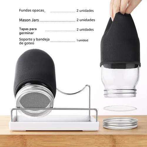 Miniatura 2 de Kit de tarros de germinación de semillas – 2 tarros de masón de boca ancha con tapas de germinación de acero inoxidable 316, bandeja de goteo
