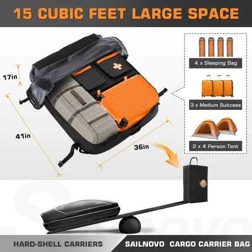 Miniatura 3 de Sailnovo Bolsa de techo suave para techo de automóvil, 15 pies cúbicos, impermeable, se adapta a la mayoría de vehículos con/sin estante, incluye