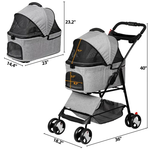Miniatura 7 de ZENY Cochecito para mascotas, cochecito plegable 3 en 1 para perros y gatos con 4 ruedas, cesta desmontable y soporte para tazas, transportador Gris