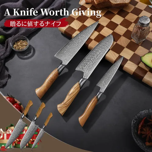 Miniatura 7 de TIVOLI Juego de cuchillos de cocina de Damasco, Juego de 3 cuchillos de chef japoneses, Cuchillo Santoku de Damasco VG-10 con mango de madera