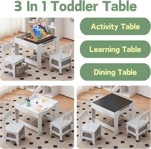 Miniatura 3 de Karl home Juego de mesa y silla 3 en 1, mesa de actividades con almacenamiento, silla de escritorio de madera para niños de 1 a 3 años, mesa