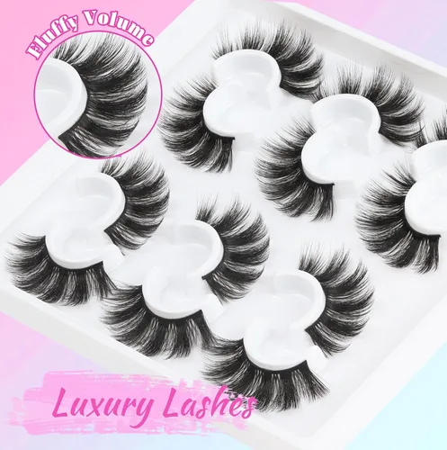 Miniatura 5 de Losha 6 pares de pestañas postizas esponjosas para mujer, 0.787 in de largo, dramáticas tiras de visón sintético, paquete de pestañas 5D para un