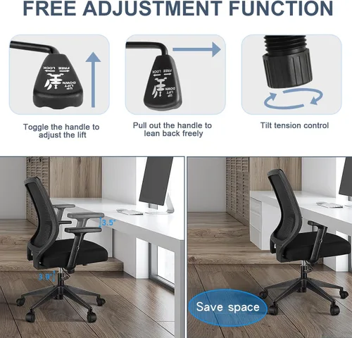 Miniatura 6 de Silla ergonómica de oficina, silla de escritorio de malla para el hogar con brazos ajustables, sillas de computadora con respaldo medio para Negro