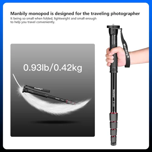 Miniatura 4 de Manbily Monopod de cámara de 65 pulgadas, monopie de viaje de aluminio de 5 secciones para cámaras réflex digitales Canon, Nikon, Sony, videocámara