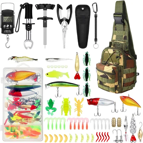 Miniatura 12 de Sosation 134 Piezas Herramienta de Pesca Herramienta de Pesca y Equipo Regalo para Adultos, Removedor de Anzuelos, Kit de Alicates, Mochila Caqui