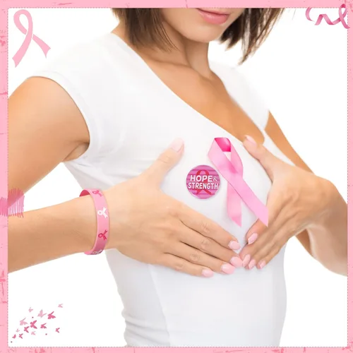 Miniatura 4 de 60 accesorios de concientización sobre el cáncer de mama, incluyen 30 pulseras de silicona de cinta rosa y negra, pulsera de goma y 30 insignias