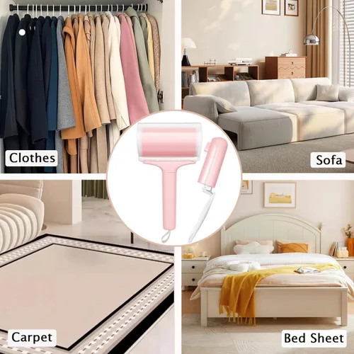 Miniatura 5 de Rodillo de pelusa reutilizable, paquete de 2 unidades, rodillo adhesivo lavable con cubierta para pelo de mascotas, removedor de pelusa portátil Rosa