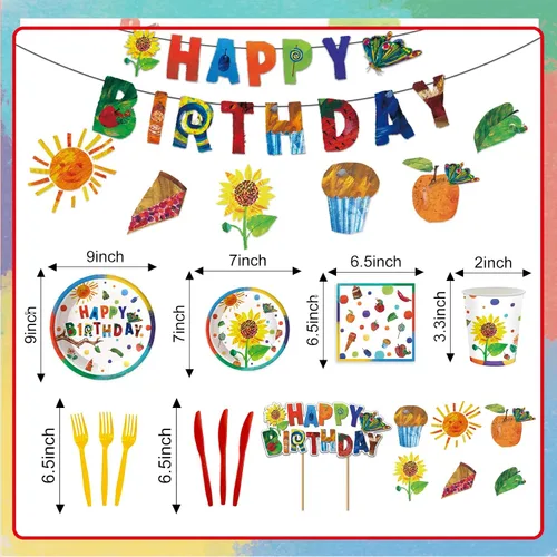 Miniatura 5 de 132 piezas de suministros de fiesta de oruga hambrienta, platos de fiesta de tejido de oruga hambrienta, pancarta, etc. Decoración de oruga