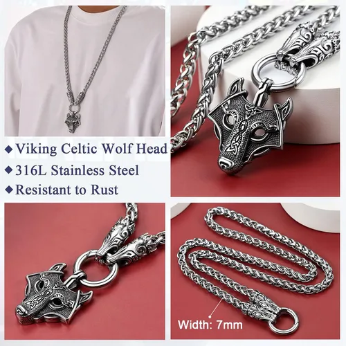 Miniatura 4 de FaithHeart Collar grueso de collar vikingo nórdico punk, de acero inoxidable, nudo celta, cabeza de lobo, amuleto, joyería de regalo