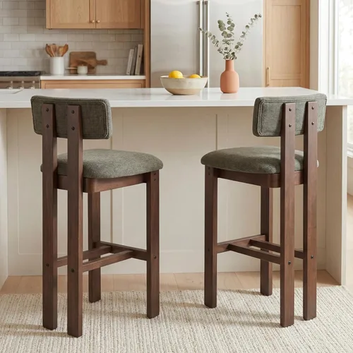 Miniatura 12 de DUOMAY 26 Inch Modern Bar Stools Set of 2, Linen Farmhouse Counter Stools Wooden Barstools, Green Upholstered Counter Height Bar Stools with Curved