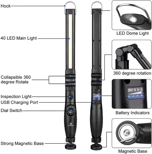 Miniatura 3 de Luz de Trabajo LED Magnética, Cable USB de 24", Capacidad de 3300mAh, Luces Indicadoras de 4 Niveles de Potencia, Base Giratoria de 360, Fuerza