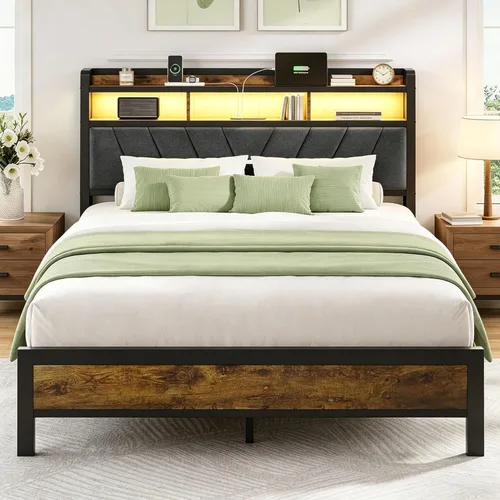 Miniatura 10 de Welzona Base de cama de tamaño matrimonial con estación de carga, cama LED con cabecera de almacenamiento tapizada, sólida y estable, sin ruido,