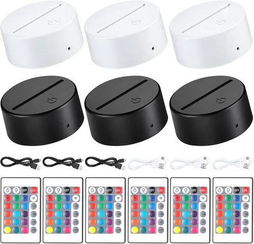 Honoson Base de lámpara LED nocturna 3D, 6 piezas, base de pantalla LED de 16 colores con control remoto y cable USB, pantalla de lámpara de luz de