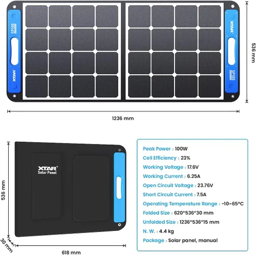 Miniatura 7 de XTAR Panel solar SP100 de 100 W, panel solar portátil de energía solar, panel solar plegable con cargador independiente, panel de energía solar
