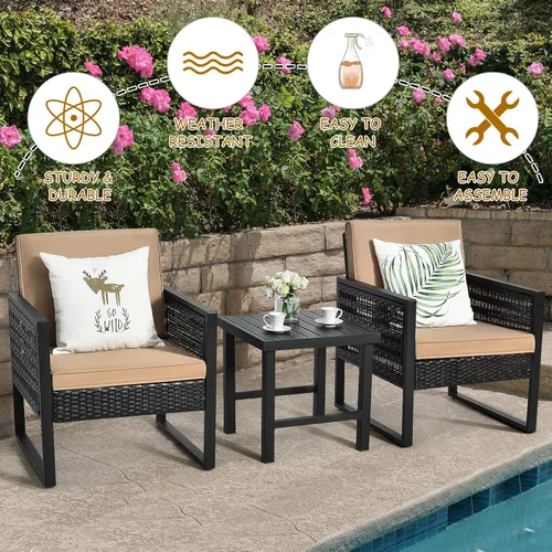 Miniatura 8 de Tangkula Juego de 3 piezas de mimbre para patio, sofá de ratán al aire libre, muebles de conversación con mesa de café, cojines de asiento y Mesa