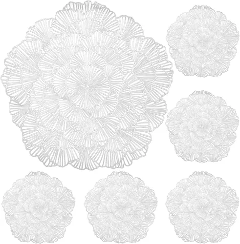 Miniatura 10 de Juego de 4 manteles individuales redondos de vinilo metálico con diseño de flores de oro rosa, manteles individuales para mesa de comedor, cocina