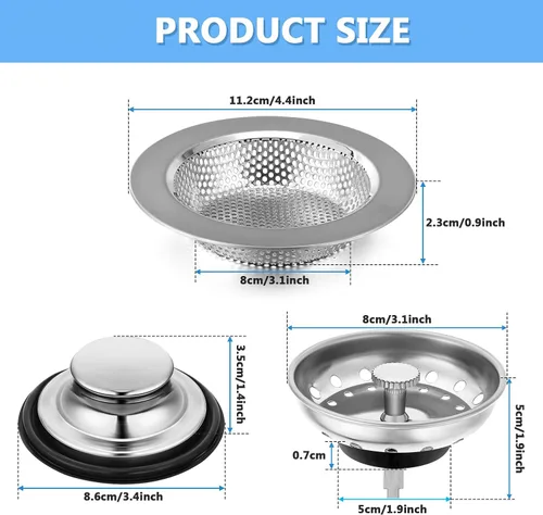 Miniatura 2 de Mudder 3 piezas de colador y tapón de drenaje para fregadero de cocina, tapón de eliminación de basura de acero inoxidable con asa, filtro universal
