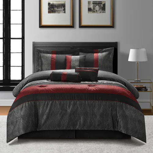 Miniatura 10 de Grand Avenue Juego de edredón rojo y negro tamaño Full, técnica jacquard y flocado, diseño moderno juegos de ropa de cama a rayas para todas