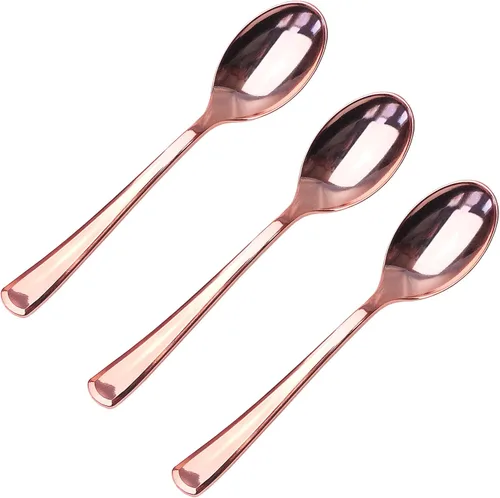 Miniatura 10 de Juego de cubiertos de plástico dorado de 120 piezas, reutilizables y reciclables, utensilios de plástico dorado para bodas, aniversarios, duchas