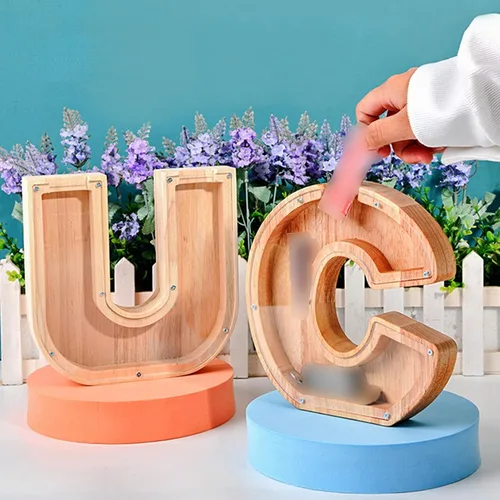 Miniatura 4 de Alcancía de madera con letras para niños y niñas, 26 letras del alfabeto, caja de ahorro de dinero, regalo de cumpleaños para niños y adultos C