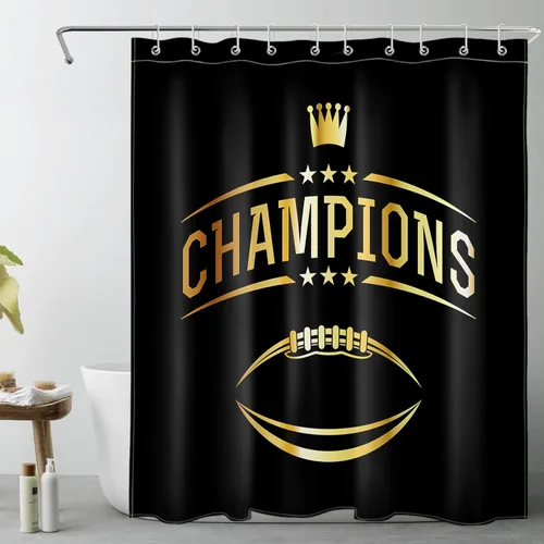 Miniatura 9 de LB Cortina de ducha de fútbol americano, juego deportivo, acuarela, fondo negro, cortina de baño de dibujos animados, tela de poliéster decorativa