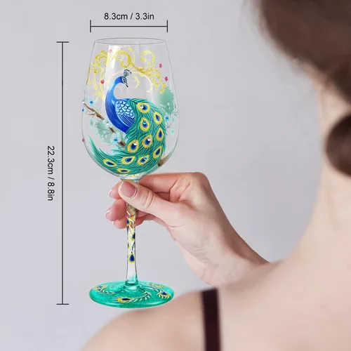 Miniatura 7 de NymphFable Copa de vino pintada a mano color pavo real, diseño artesanal pintado 15oz, regalo personalizado para tu mejor amigo