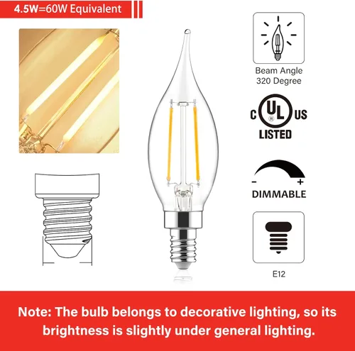 Miniatura 3 de Bombillas LED E12 para candelabros equivalentes a 60 W, bombillas de vela con punta de llama CA10 regulables, luz blanca suave de 2700 K, bombilla