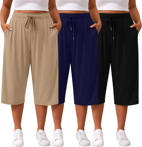 Miniatura 12 de Paquete de 3 pantalones capri de talla grande para mujer, ajuste holgado, pierna ancha, pantalones recortados para yoga, descanso, entrenamiento