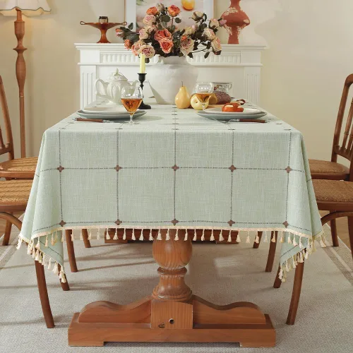Miniatura 13 de Pahajim Mantel rectangular de lino rústico de algodón para cocina, comedor, con borlas, a cuadros, impermeable, rectangular, 55 x 71 pulgadas, 4-6