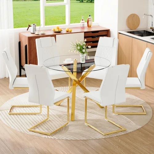 Miniatura 8 de Juego de mesa de comedor redonda para 6, juego de mesa de comedor de vidrio de 39 pulgadas con base de metal ajustable dorada en forma de X y 6